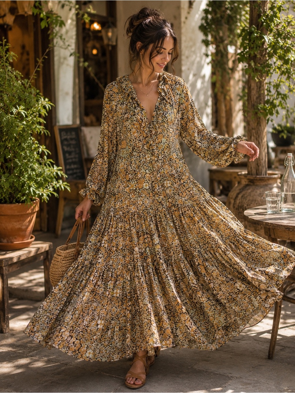 Free People Floral Tiered Maxi Dress Size M Mustard Black Long Sleeve Ruffle